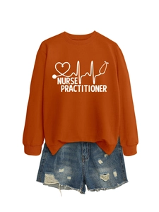 Detail of orange crewneck sweatshirt with Nurse Practitioner heart stethoscope print