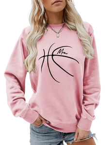 Close-up of pink long sleeve crewneck sweatshirt featuring Mom and basketball print
