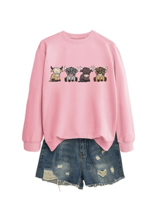 Pink round neck sweatshirt set for women featuring four colorful cartoon highland cows