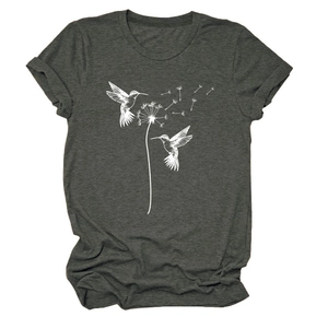 Detail von weißem Löwenzahn- und Kolibri-Print auf anthrazitgrauem Rundhals-T-Shirt