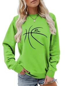 Detailed close-up of neon green basketball Mom sweatshirt featuring black screen print