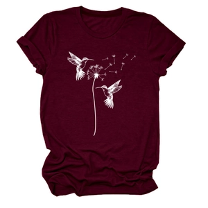 Damen T-Shirt in Burgunderrot mit Rundhalsausschnitt und weißem Kolibri-Löwenzahn-Print