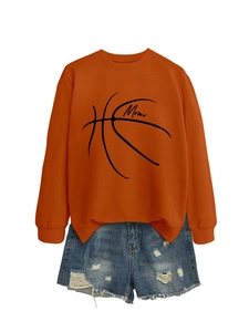 Detail of casual orange long sleeve sweatshirt featuring black basketball line art and Mom text