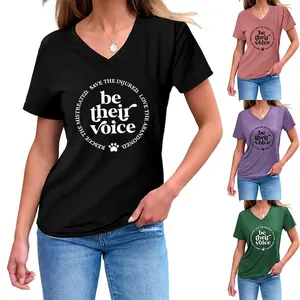 Camiseta de Manga Corta con Cuello en V para Mujer Mezcla de Algodón Top Casual Suelto con Estampado de Eslogan de Rescate Animal