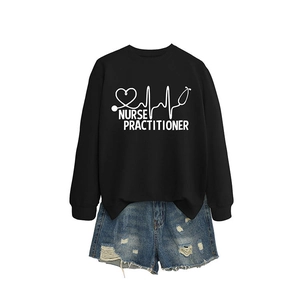 Nurse Practitioner black sweatshirt and distressed denim shorts casual outfit set