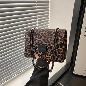 Sac Bandoulière Femme Imprimé Léopard Similicuir PU Chaîne Fermoir Métallique Rétro Sac À Épaule Carré Pour Mode Quotidienne