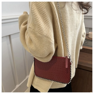 Detail of burgundy snakeskin texture crossbody bag with silver chain strap and metal rivets