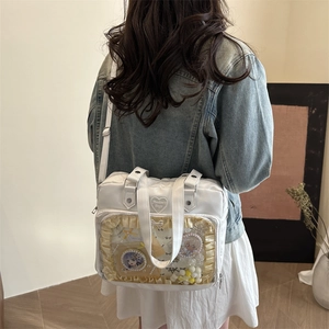 Sac Itabag blanc japonais avec fenêtre cœur transparente et dentelle pour badges