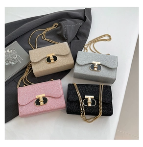 Gros plan de petits sacs à chaîne élégants en champagne, argent, rose et noir