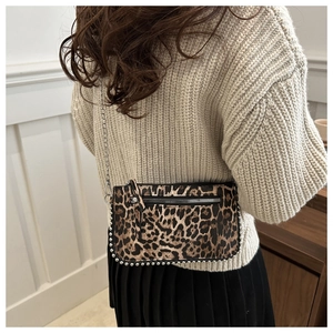 Detail of leopard print crossbody bag featuring silver chain strap and studded bottom trim