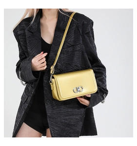 Detail of metallic gold crossbody bag with silver geometric clasp on black blazer