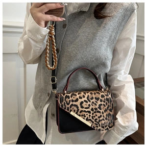 Detail of trendy mini crossbody bag with leopard print pony hair and gold metal accent