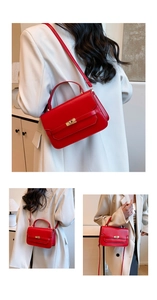 Detailed views of red leather crossbody bag with gold buckle and top handle accents