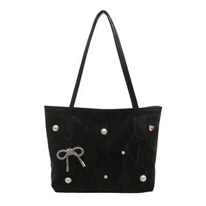 Sac fourre-tout noir avec pendentif nœud et perles pour le quotidien féminin chic