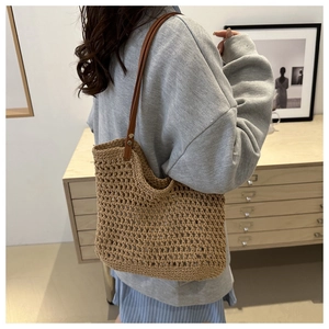 Handmade crochet hollow weave shoulder bag in khaki with brown leather straps for summer