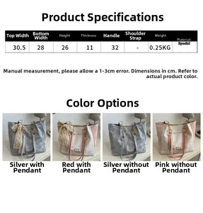 Size guide for tote bag showing dimensions and stylish bow detail variants