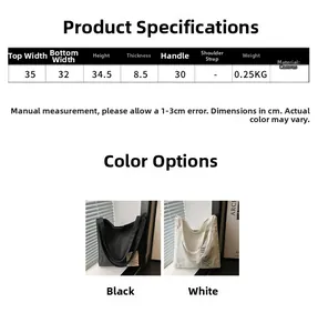 Detail specifications for 2025 large canvas tote bag with black and white color options