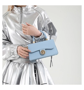 Detail of light blue square handbag featuring gold twist-lock and structured handle