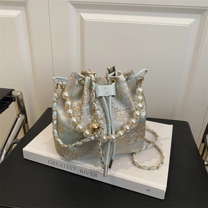 New Chinese Style Embroidered Bucket Bag With Pearl Handle Satin Jacquard Drawstring Shoulder Bag For Women Crossbody Purse