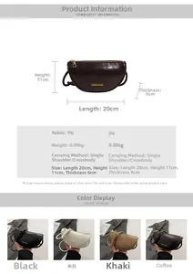 Detailed size chart and four color variants of the PU leather crescent crossbody bag