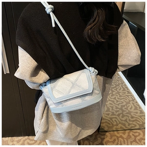 Close-up of light blue plaid crossbody bag with knot strap and FASHION & BAGS logo