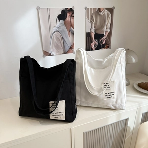 Women Casual Canvas Tote Bag Large Capacity Shoulder Bag With Letter Printed Patch Urban Simple Shopping Bag For Student