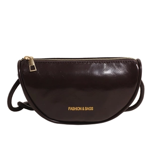 Dark coffee crescent shoulder bag in oil-wax leather with gold zipper and lettering