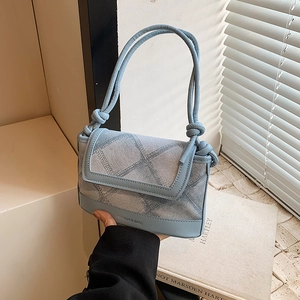 Women Plaid Tweed PU Leather Crossbody Bag Small Square Shoulder Underarm Bag With Rope Knot Strap Vintage Minimalist