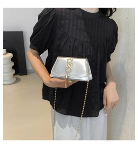 Close-up of silver leather mini bag with gold SS logo, tassel detail and ball chain strap