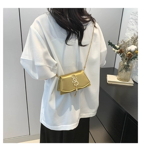 Detail of a mini gold chain bag with a glossy metallic finish and S-shaped clasp