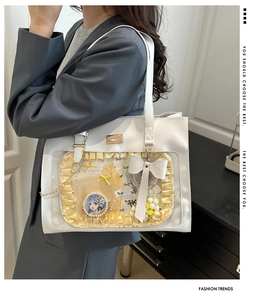 Detail of white PU ita bag showing transparent PVC window with anime character badges inside