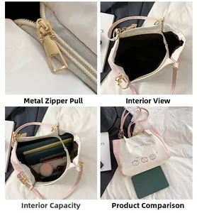 Detail view of large capacity tote bag with internal storage and metal hardware