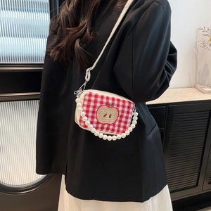 Cute red and white checkered crossbody bag with embroidered apple and pearl handle