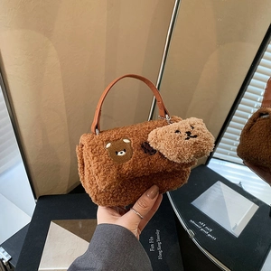Sac À Main Femme En Peluche Sherpa Sac Bandoulière Broderie Ours Dessin Animé Kawaii Mini Sacoche Avec Pendentif Ours En PU
