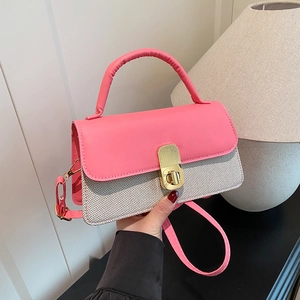Elegant Crossbody Bag For Women With PU Leather And Woven Fabric Patchwork Golden Lock Closure Retro Square Handbag