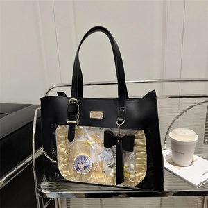Women Ita Bag Tote Large Capacity PU Leather Transparent Window Clear Pocket Bow Decoration Sweet Shoulder Crossbody Bag