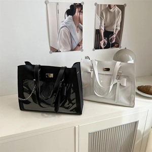 Japanese style tote bag with transparent window, ribbon bow and metal chain details