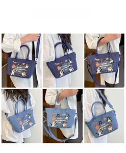 Detailed views of denim tote bag with cartoon prints shown from multiple angles on model