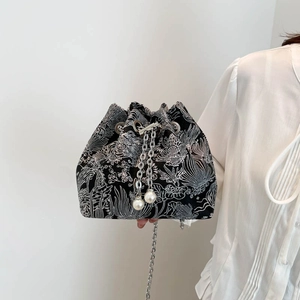 Sac Seau Élégant Nouveau Style Chinois En Jacquard Avec Cordon En Künstliche Perles Et Chaîne Métallique Sac Bandoulière Vintage