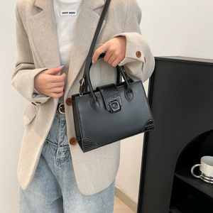 Retro black crossbody square bag with alligator pattern trim and elegant top handle