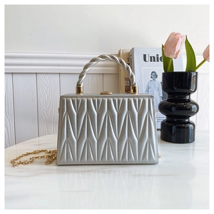 Close-up of silver pleated crossbody bag with twisted handle and gold chain strap details