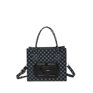 Chic tote bag with blue polka dot pattern and embossed G logo on front panel