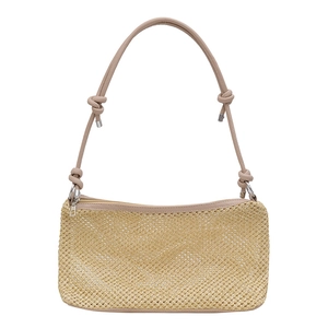 Fashion contrast straw woven shoulder bag with pink leather knotted straps and zipper