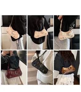 Detail view of stylish Y2K underarm bags with metal eyelets and belt buckles in four colors