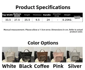Detailed size chart with dimensions for the large capacity tote bag in multiple colors