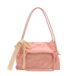 Pink casual tote bag with a transparent window and delicate lace bow accents