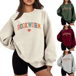Detail view of the colorful Bookworm lettering and heart print on long sleeve sweatshirts