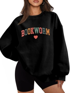 Detail of Bookworm colorful letter print and red heart on black fleece sweatshirt