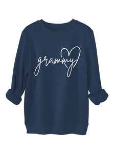 Close-up of navy blue crewneck sweatshirt featuring white grammy text and heart print