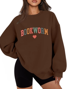 Detail of Bookworm print and heart graphic on dark coffee fleece sweatshirt